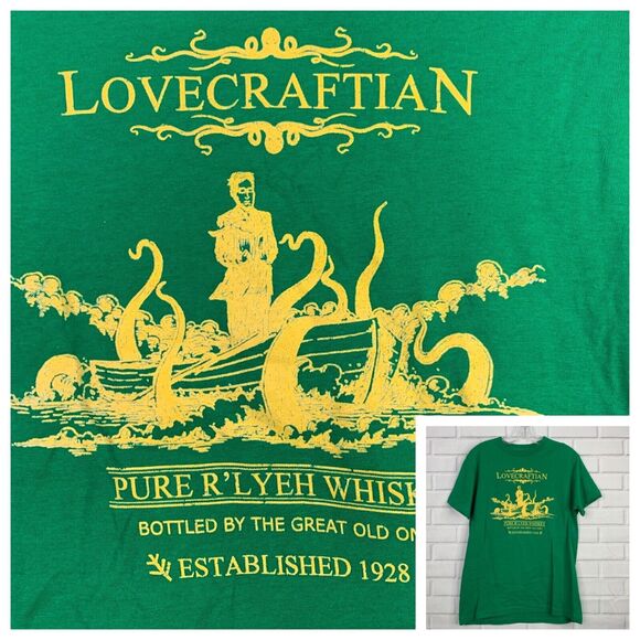 Tee Villain tshirt HP Lovecraft Rlyeh Whiskey green ringspun cotton size medium - Picture 1 of 6